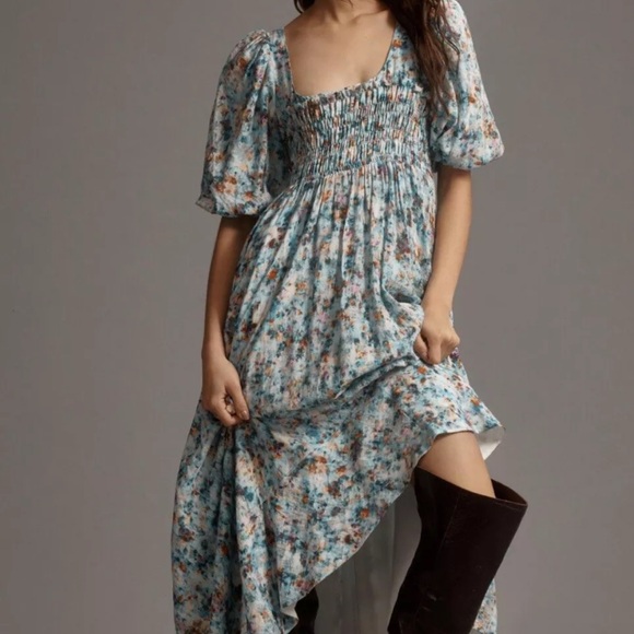 By Anthropologie Floral Dress Milkmaid Watercolor Blue Midi Size XXS - Picture 2 of 12